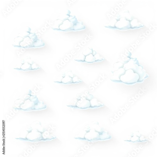 Whimsical collection of fluffy white cloud illustrations on clean white background, soft, whimsy