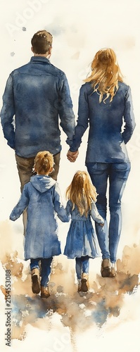 Watercolor painting of a family of four, parents and two daughters, walking handinhand