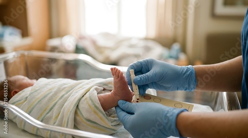 Newborn baby foot heel prick blood test for screening in hospital nursery