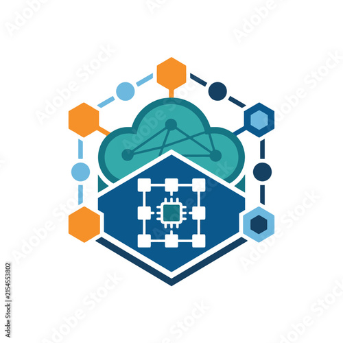 A digital graphic showing a cloud computing network structure icon