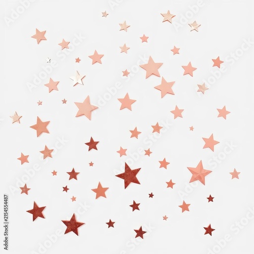 Elegant design featuring rose gold stars scattered on a white background, minimalist, romantic