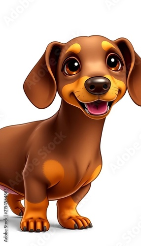 Adorable cartoon dachshund with brown and yellow markings standing on a white background, cartoon, illustration