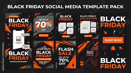 A comprehensive collection of modern black friday social media templates featuring bold orange and dark professional promotional design elements