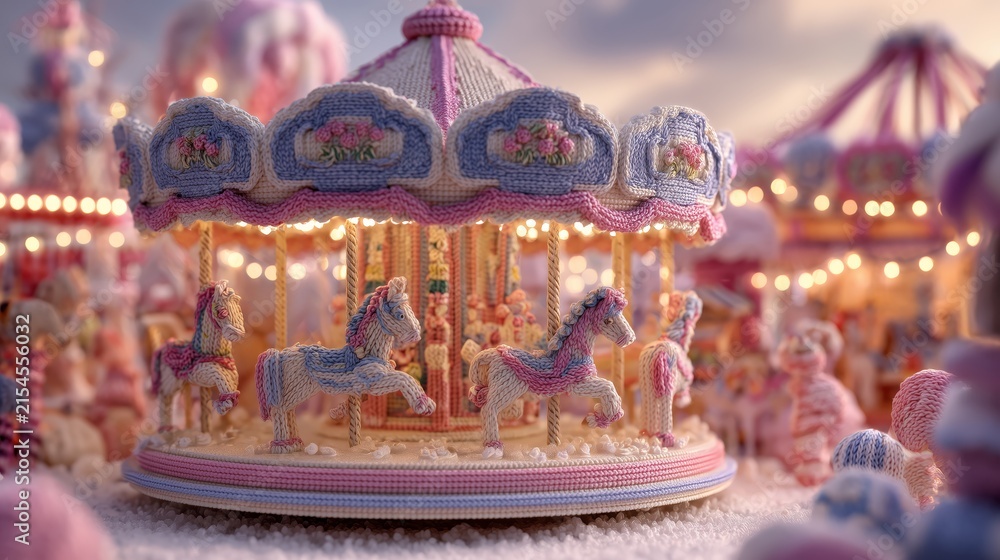 Fototapeta premium Whimsical knitted carousel featuring pastel horses and a floral canopy with warm bokeh lights in the background.