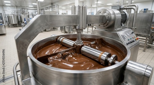 Industrial chocolate conching machine mixing melted liquid chocolate in a factory.