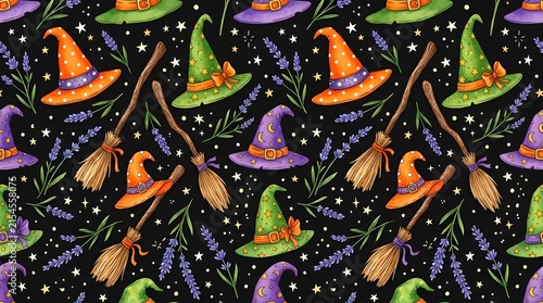 Seamless pattern with witch hats, brooms, lavender sprigs and stars on black background