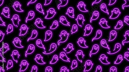 Seamless pattern with glowing purple neon ghosts on black background
