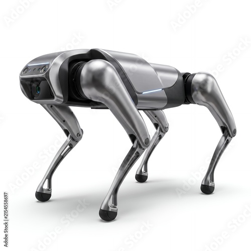 Silver quadruped robot dog with side mounted camera and blue LED strips in standing position