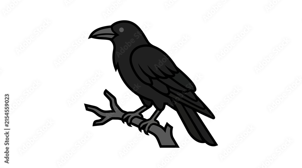 Fototapeta premium Mysterious Black Raven Perched on a Branch – Gothic Halloween Illustration