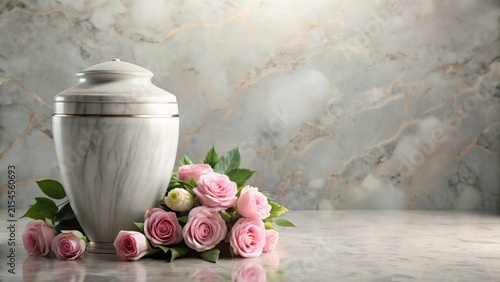 Elegant Marble Urn Surrounded by Delicate Pink Roses on Table