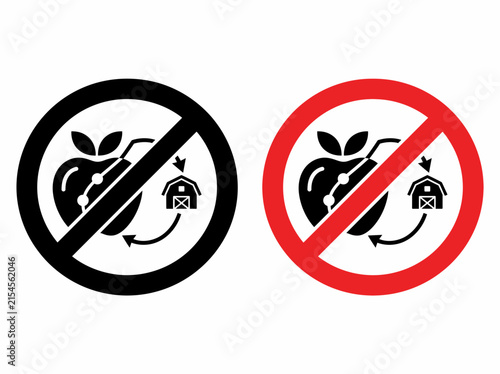 Non-GMO food icons with crossed out apple and farm barn symbols. Genetically modified organism prohibition signs in red and black. Vector set for organic labeling and agriculture safety