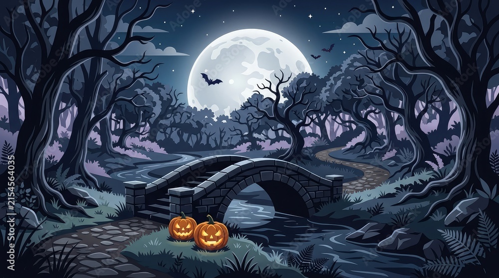 Fototapeta premium A spooky halloween landscape featuring a glowing full moon over a dark forest bridge with carved jack o lanterns