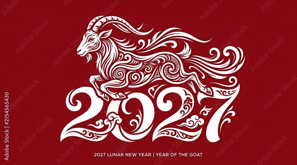 Fototapeta premium Year of the Goat 2027 Chinese New Year Silhouette Emblem Integrated with Calligraphic 2027 Numbers on Red Background