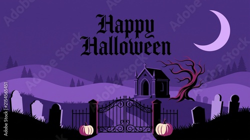 Pixel art style happy halloween greeting card featuring a spooky cemetery with gravestones and a crescent moon