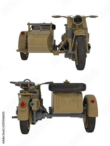Front and back view of a khaki vintage military motorcycle with sidecar on white background, 3d rendering.