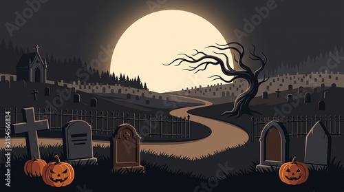 Spooky halloween graveyard scene featuring a large full moon winding path tombstones and carved jack o lanterns
