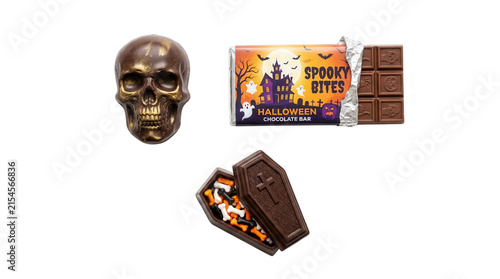 Festive halloween chocolate treats and skull decor for a spooktacular celebration