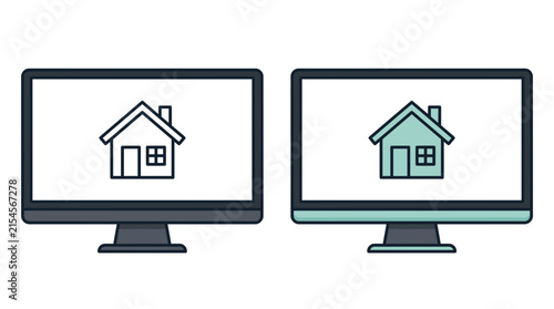 Modern desktop computer monitors displaying clean house outline vector icons in professional flat design graphic style