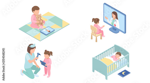 Children's Healthcare Journey: From Playtime and Remote Consultation to Doctor's Visit and Sleep, Illustrating Pediatric Wellness and Medical Care Concepts