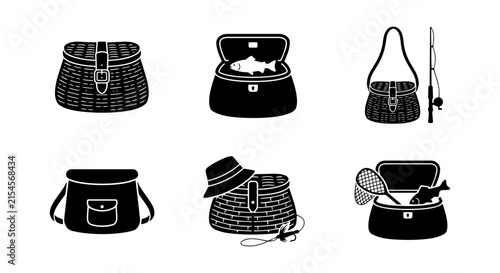 Obraz na plátne Fishing Tackle Bags, Creels, and Accessories Vector Icons Set: Angling Gear Coll