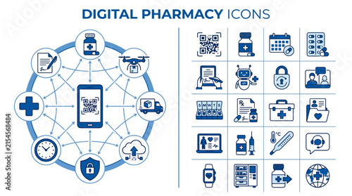 Modern digital pharmacy icons collection with mobile app and drone delivery, representing online healthcare services, medical technology, and patient care solutions
