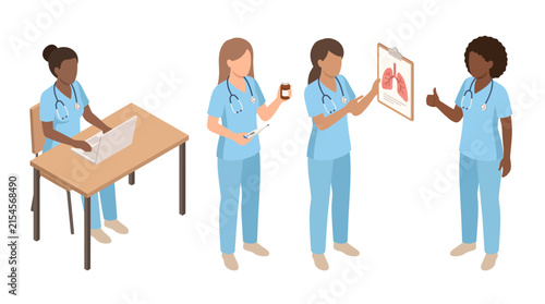 Diverse medical team collaborating on patient care with digital tools and diagnostic visuals, representing healthcare innovation, medical training, and hospital services.