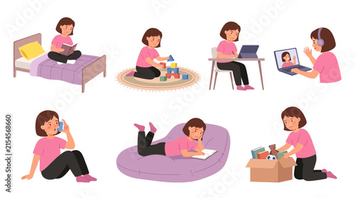 Engaged young girl in various activities like reading, playing, studying, and communicating, depicting childhood development and modern learning, for educational materials, lifestyle blogs and