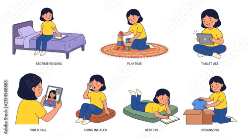 Happy young girl engaged in various daily activities, from reading and playing to tablet use and video calls, illustrating childhood and leisure, for educational materials, storytelling and lifestyle