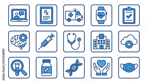 Modern digital healthcare icons with medical symbols and technology elements, representing health services, research, and patient care, for medical websites, apps, and advertising.