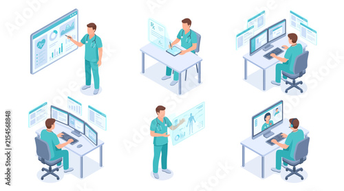 Modern medical professional interacting with futuristic holographic interfaces and digital data displays, concept for healthcare innovation, telemedicine advancements and medical research