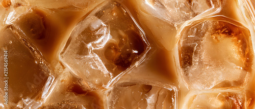 a revitalizing iced coffee, a high-resolution macro shot with both full-frame and close-up textures, a top-down view