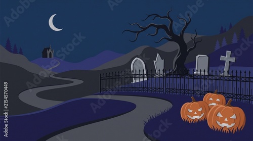Spooky halloween night scene featuring a winding path leading to a graveyard with glowing jack o lanterns