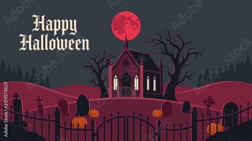 Spooky halloween background featuring a haunted gothic mansion cemetery and a large glowing red full moon