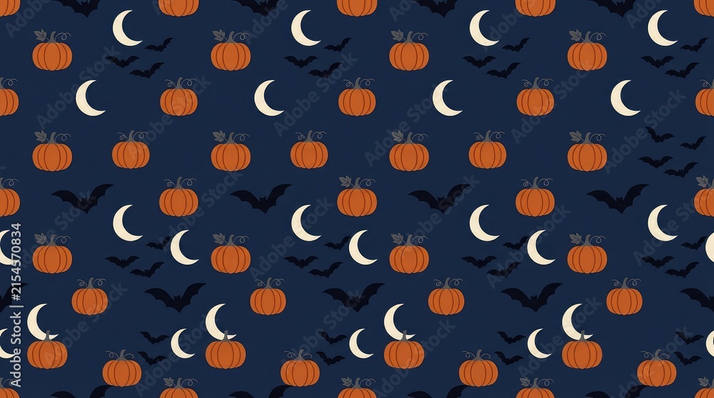 Seamless pattern design featuring cute orange pumpkins and white crescent moons on a dark blue halloween holiday background