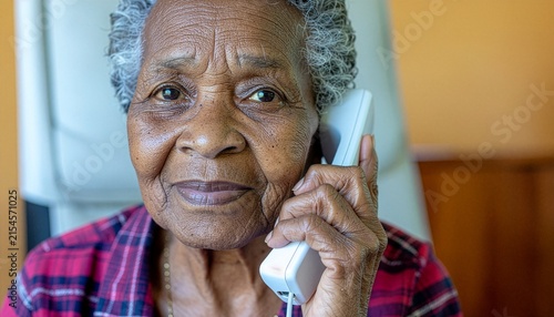 An elderly woman is talking on the landline.