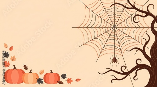 A festive halloween background featuring orange pumpkins and a spooky spider web on a dark bare tree branch