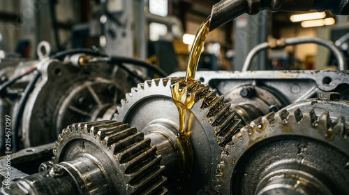 Gears inside industrial machinery receive pouring lubricating engine oil during maintenance.