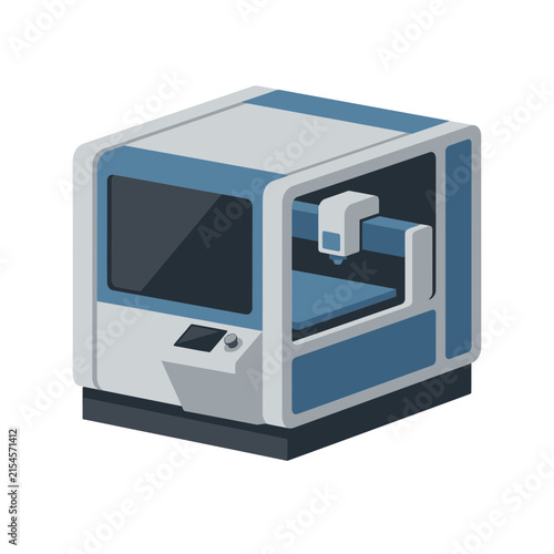 Modern 3D printer machine in blue and white color scheme.