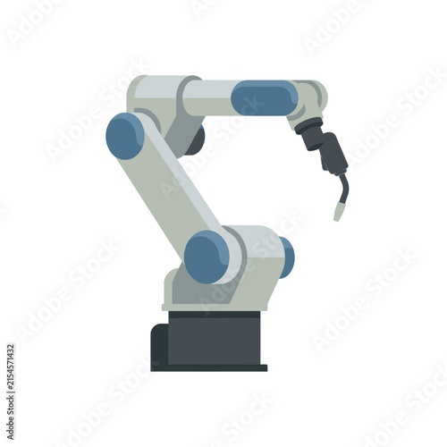 Modern robotic arm with gripper performing industrial automation task.