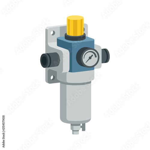 Industrial air filter regulator with pressure gauge and brass fittings.