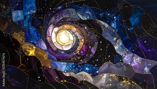 Stained Glass Mosaic of a Spiral Galaxy with Sparkling Stars and Golden Kintsugi Style Outlines