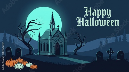 Spooky halloween background featuring a haunted church graveyard under a large full moon in the dark night
