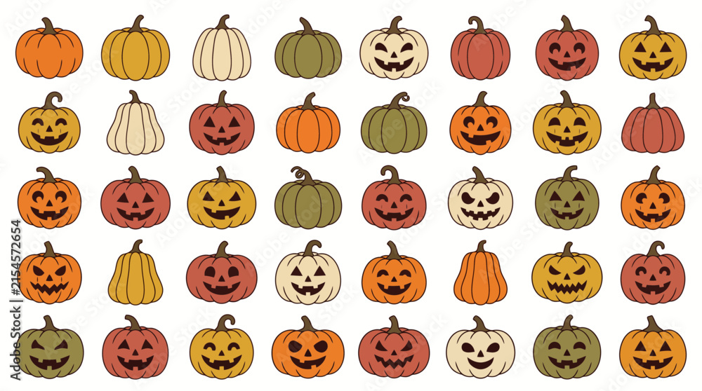 Fototapeta premium Happy Halloween pumpkin icons set of 40 distinct elements, autumn holiday collection for web design and print, friendly jack o lantern with smiling faces, autumn harvest theme