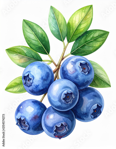 Detailed botanical watercolor illustration of cluster of ripe blueberries, rich indigo and navy shades, expressive hand-painted brushwork, isolated on white background.