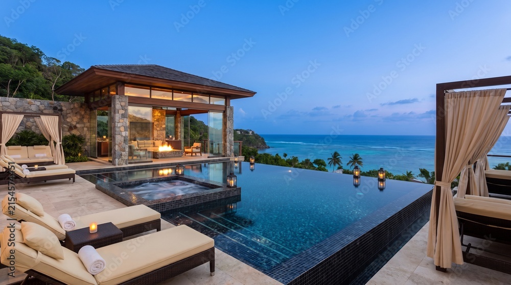 Fototapeta premium Infinity pool at a luxury oceanfront villa glows under twilight skies.