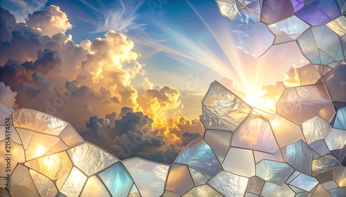 Abstract Mosaic Frame Overlooking Golden Sunset Sky with Bright Sunbeams and Fluffy Clouds