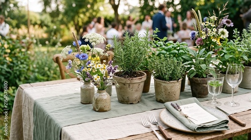 Potted herbs and wildflowers as a sustainable wedding centerpiece
