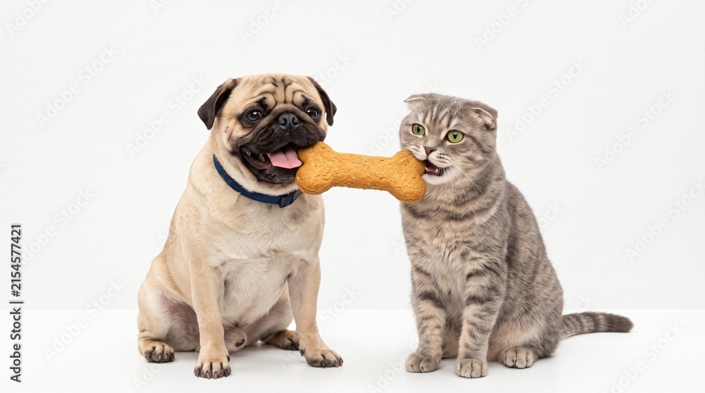 Obraz premium Cute Pug and Scottish Fold Cat Sharing Bone Biscuit