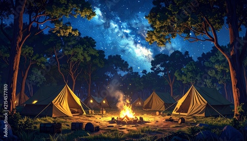 Nighttime camping scene with tents and campfire in forest.