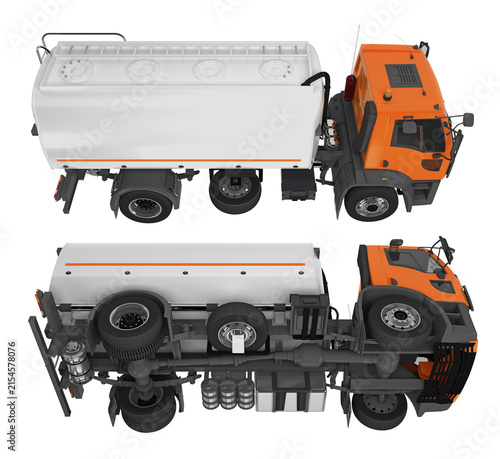 fuel tanker truck showing top perspective angle and bottom chassis details, clear 3d rendering